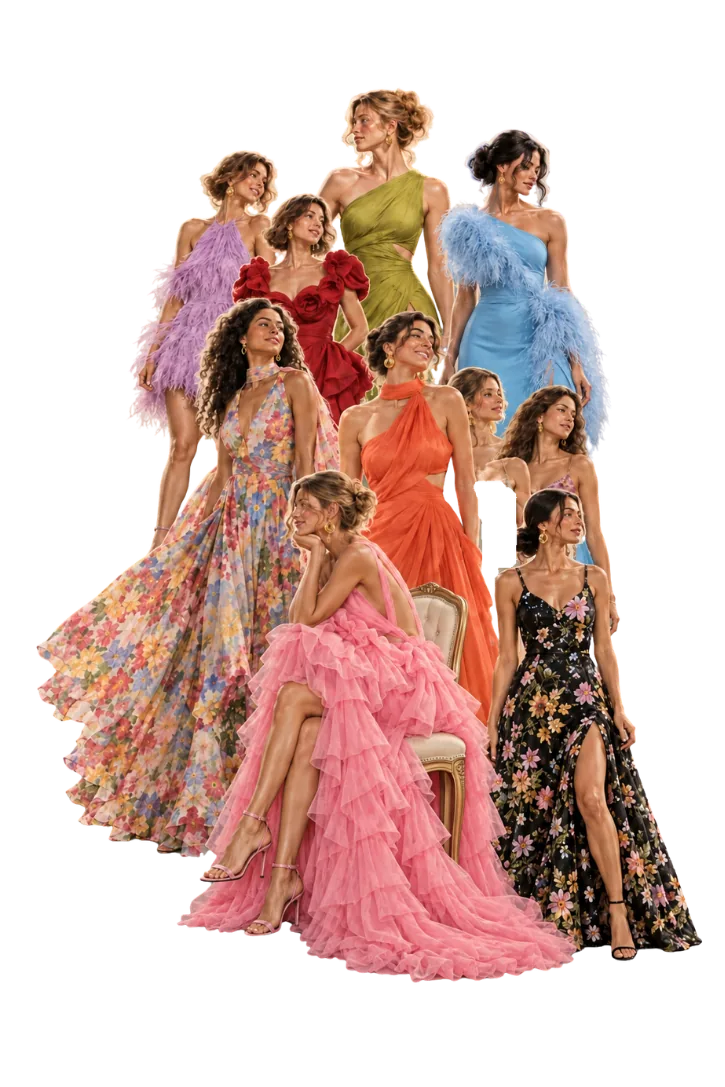 Women in bold, colourful formal dresses