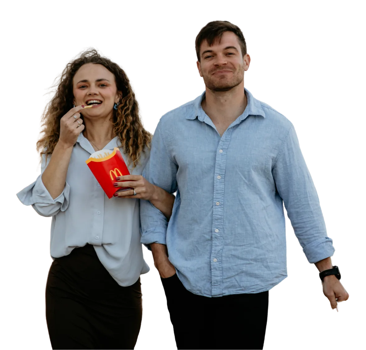 Leane eating McDonald’s chips arm in arm with Anru