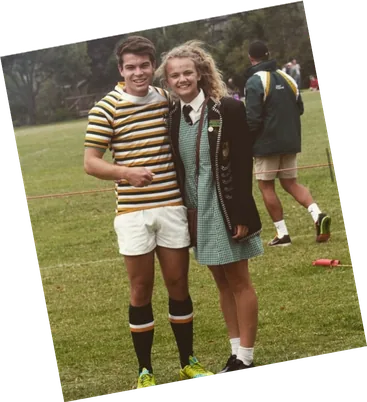 Anru and Leane in school uniform on the sports field